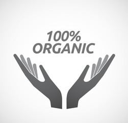 Isolated hands offering icon with    the text 100% ORGANIC