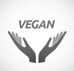 Isolated hands offering icon with    the text VEGAN
