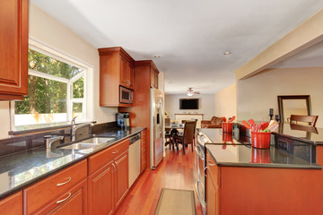 Wooden kitchen interior with kitchen island and steel appliances