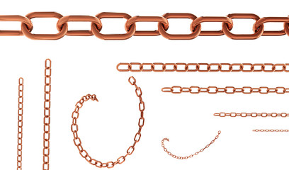 a set of bronze chains 3d render on a white background