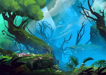 Fototapete Der Eingang des Mystery Valley in einem Wald. Digitale CG-Grafik des Videospiels, Konzeptillustration, realistischer Cartoon-Stil-Hintergrund © info@nextmars.com