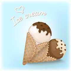 Vanilla and chocolate ice cream with chocolate and cream topping in a waffle cones. Delicious ice cream with chocolate sprinkles. I Love Ice Cream. Sweet desserts. Colorful card vector illustration.