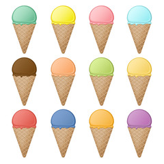 Set of waffle cones and ice cream scoops with different flavors and colors. Colorful sweet fruit dessert in waffle cones. Chocolate, milk, fruit sundae. Vector illustration on a white background.