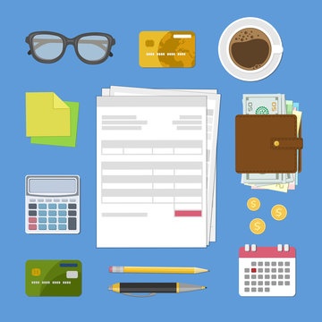 Concept of tax payment and invoice. Bills and checks, glasses, credit bank cards, wallet with cash money, calculator, stickers, pencil, pen, calendar, gold coins, coffee cup. Vector illustration.
