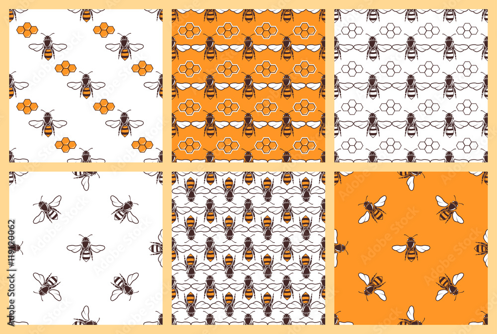 Poster honey and bees vector seamless patterns set