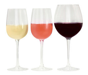 Three glasses of wine: white, rose, and red; isolated