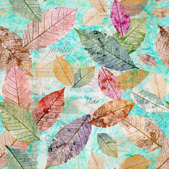 Seamless pattern with leaves on old ephemera, teal toned