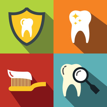 Dentistry medical flat icons on color background with long shadow