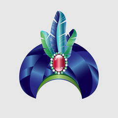 Turban. Blue indian hat. Plumage.