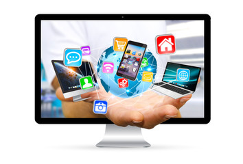 Colorful tech devices and icons applications in businessman hand