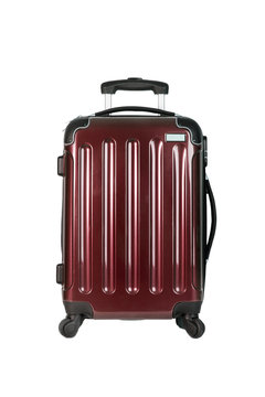 Maleta roja de viaje sobre fondo aislado vista de frente foto de Stock Adobe