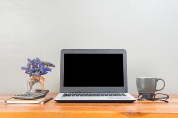 Fototapeta premium Office supplies on a wooden working table, Office workspace.