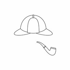 Hat and pipe icon in outline style isolated on white background. Headgear symbol