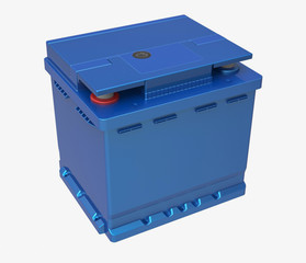 3D blue car battery with red and blue terminals on white
