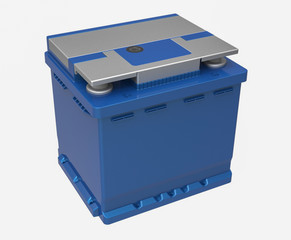 3D blue car battery with gray terminals and cover on white