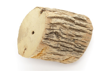 Organic dry wood piece of Horseradish tree (Armoracia rusticana). Isolated on white background. Top view.