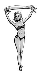 Vrouw toont vaandel zonder tekst - in te vullen door gebruiker