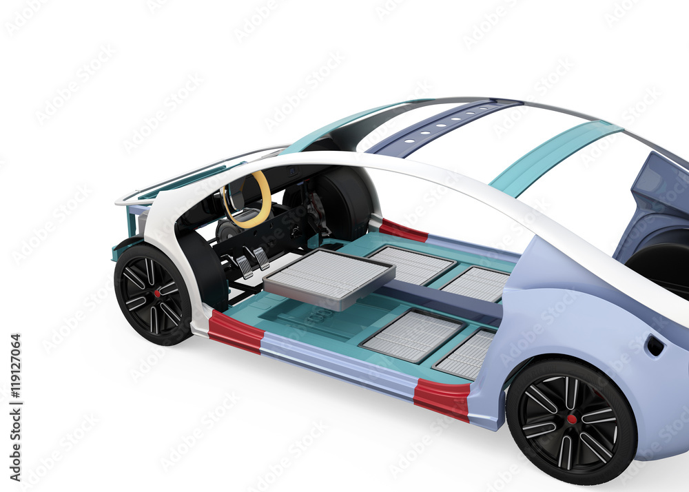 Poster electric vehicle body frame and battery package isolated on white background. 3d rendering image.
