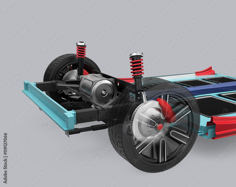 Poster car suspension and underframe isolated on gray background. 3d rendering image.