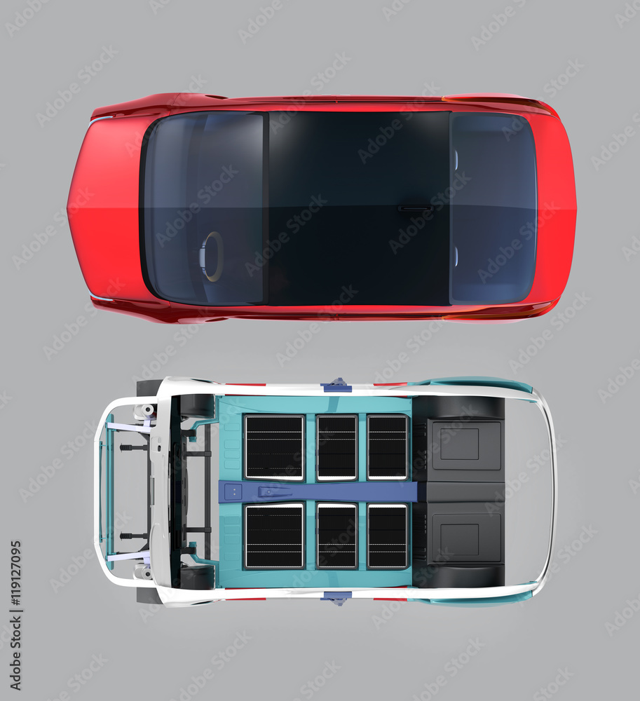 Poster top view of red car and car body frame isolated on gray background. 3d rendering image.