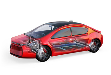 Electric vehicle body and frame  isolated on white background. 3D rendering image.