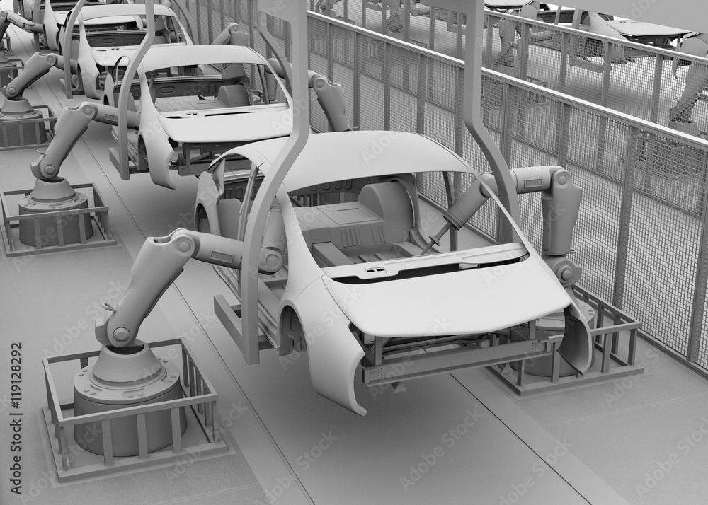 Poster clay shade image of electric vehicles assembly line. 3d rendering image.