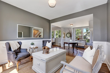 Grey Sitting room interior with vintage furniture.