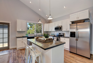 Interior of kitchen room with high vaulted ceiling.