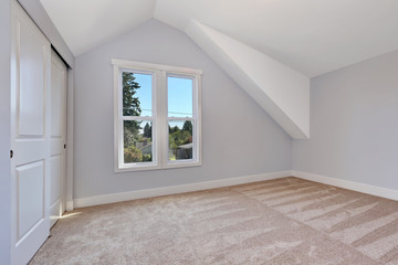 Empty high vaulted ceiling room with carpet floor.