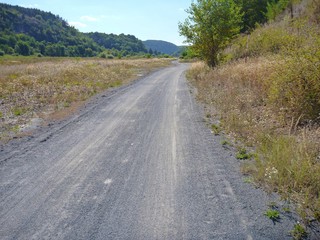 Fototapeta na wymiar empty dirt gravel road with dry grass