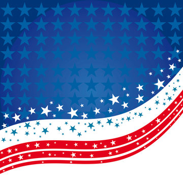 A pattern of white and blue stars and thin red stripes with United States Flag colors on a wavy white background