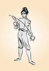 Fototapeta na wymiar sketch girl fencers holding a rapier in his hand on light background
