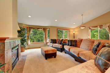 Gorgeous living room interior with beige velvet and leather sofa