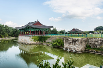 Gyeongju, South Korea - August 17, 2016: Donggung Palace and Wolji Pond in Gyeongju, South Korea.
