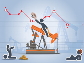 Stick figure rides oil pump as mechanical bull with graph of oil price in a background.