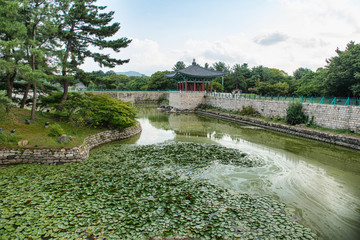 Fototapeta na wymiar Gyeongju, South Korea - August 17, 2016: Donggung Palace and Wolji Pond in Gyeongju, South Korea.