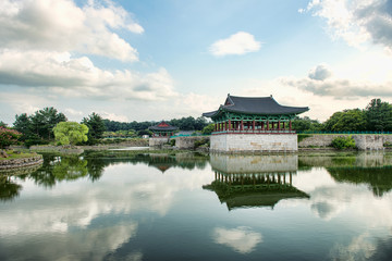 Gyeongju, South Korea - August 17, 2016: Donggung Palace and Wolji Pond in Gyeongju, South Korea.