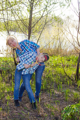 Mother and son with badminton racket