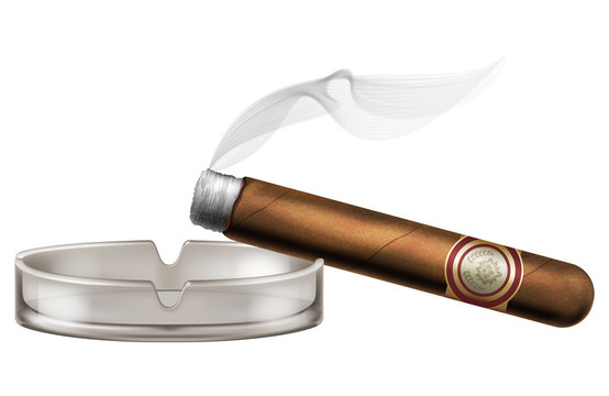 Burning cigar with an ashtray and smoke, realistic vector illustration.