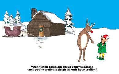 Naklejka premium Christmas cartoon about Rudolph and an elf comparing workloads.