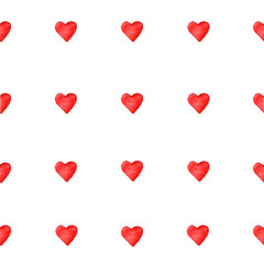 Watercolor red hearts seamless pattern on white background