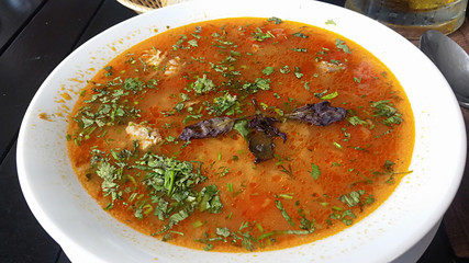 Kharcho - traditional classic spicy Caucasian soup with herbs