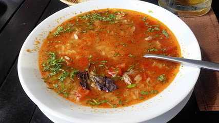 Kharcho - traditional classic spicy Caucasian soup with herbs