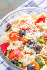 Pasta salad vertical close up image.