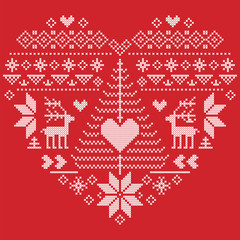 Heart Shape Scandinavian Printed Textile  style and inspired by  Norwegian Christmas and festive winter seamless pattern in cross stitch with Christmas tree, snowflakes, reindeer,  heart on red