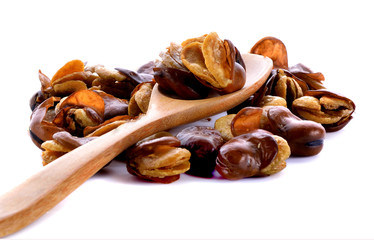 dried broad bean in spoon on white background
