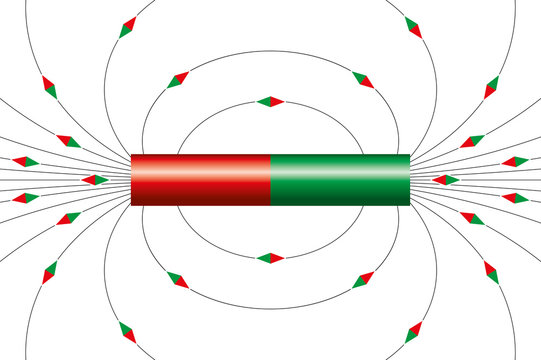 Magnetic field lines of bar magnet. The little magnet needle symbols are showing the direction of the field around the cylindrical magnet at different points. Illustration on white background.