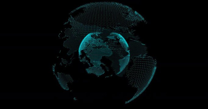 Earth particle pulse / 3D animation of pulsing particle waves forming rotating map of Earth