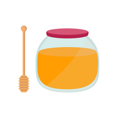 Honey in jar with a spoon for honey. Vector illustration.