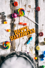 Halloween: Happy Halloween Message With Candy And Magic Potion